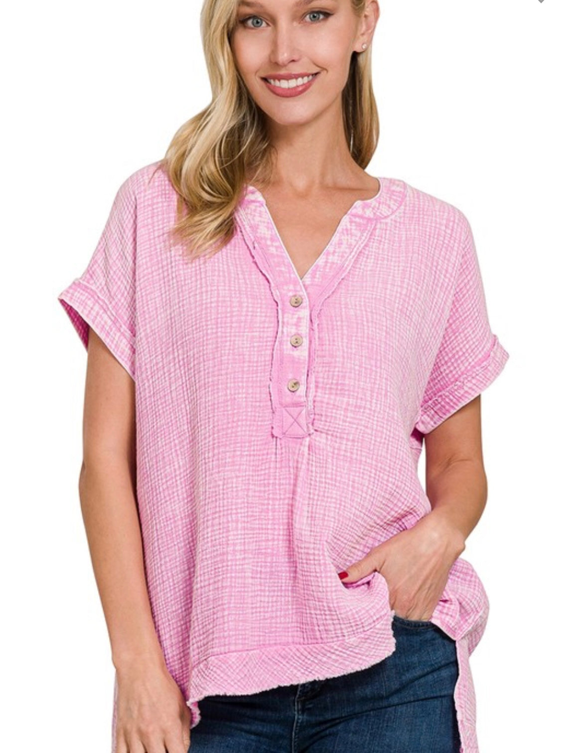 Washed 3/4 Button Tee