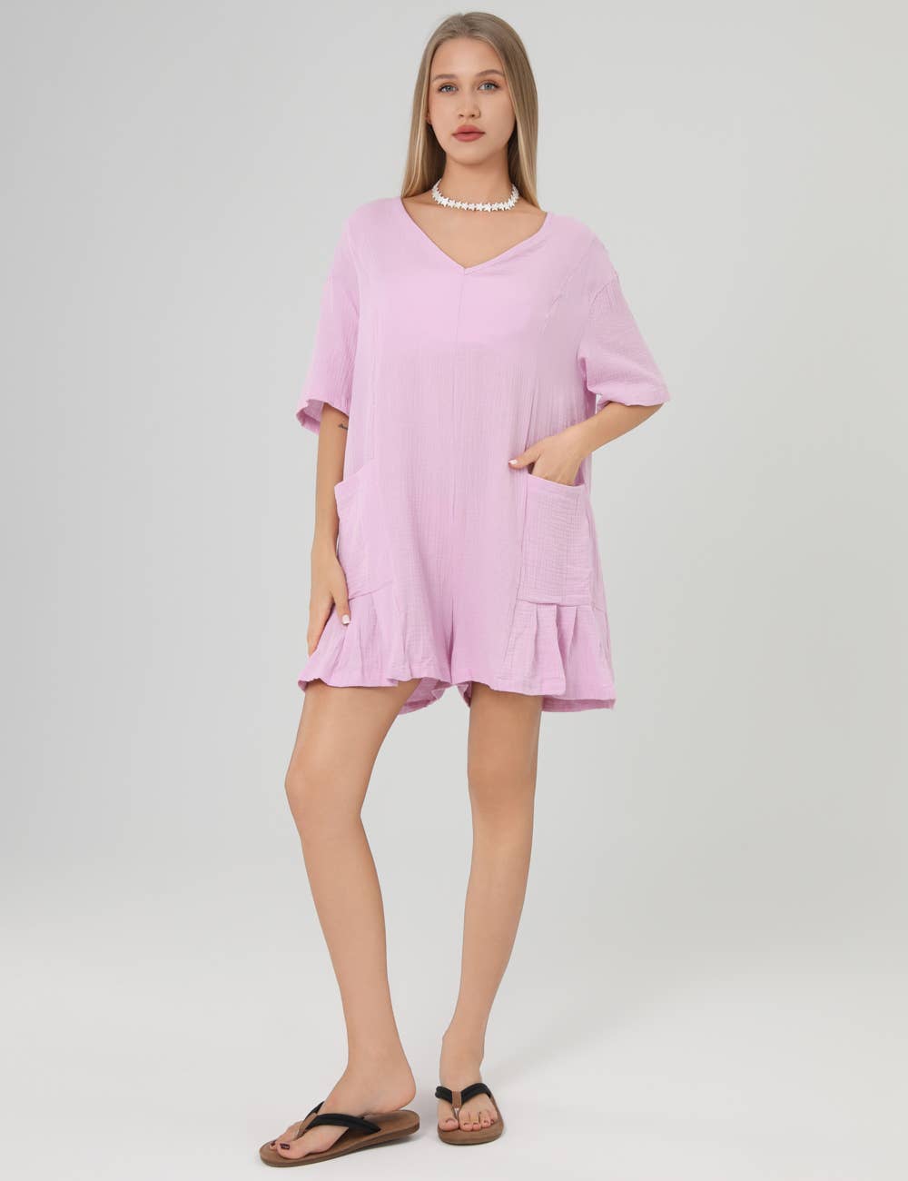 Flouncy Shapeless V-Neck Draped Sleeves Romper