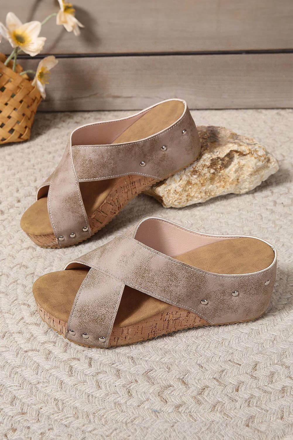 Criss Cross Cut Out PU Leather Wedge Slippers