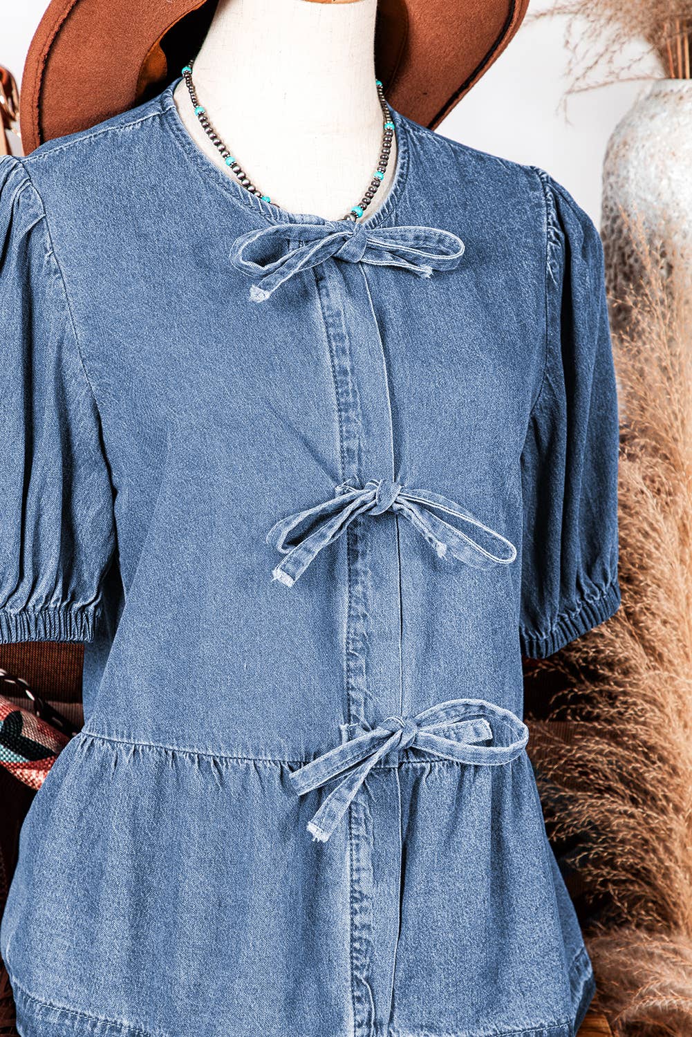 Fashion-W Tied Front Bubble Sleeve Peplum Denim Shirt