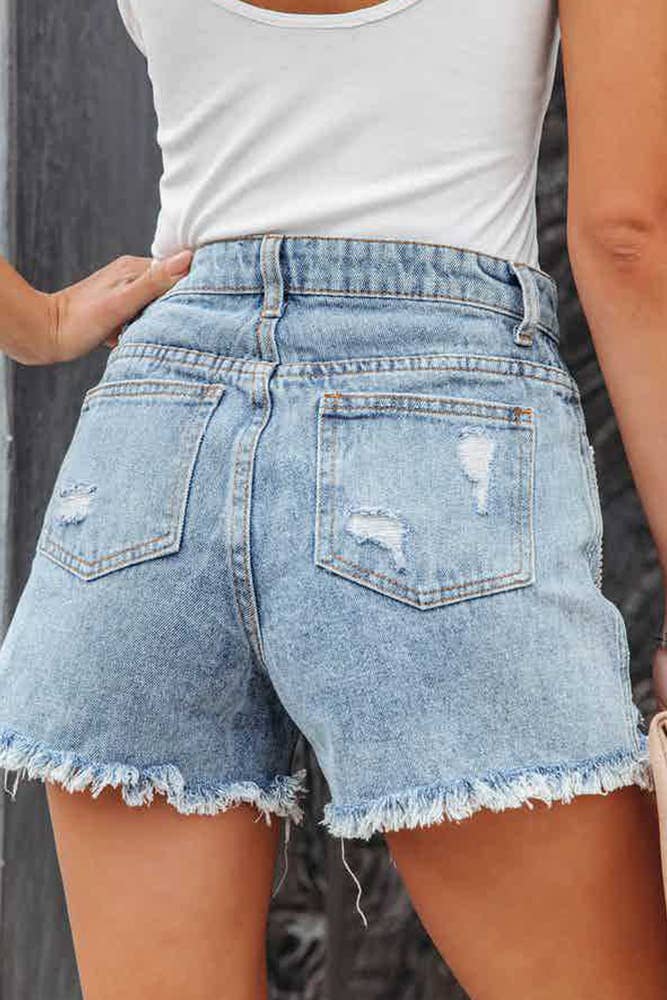 Raw Hem Tassle Ripped Washed Denim Shorts