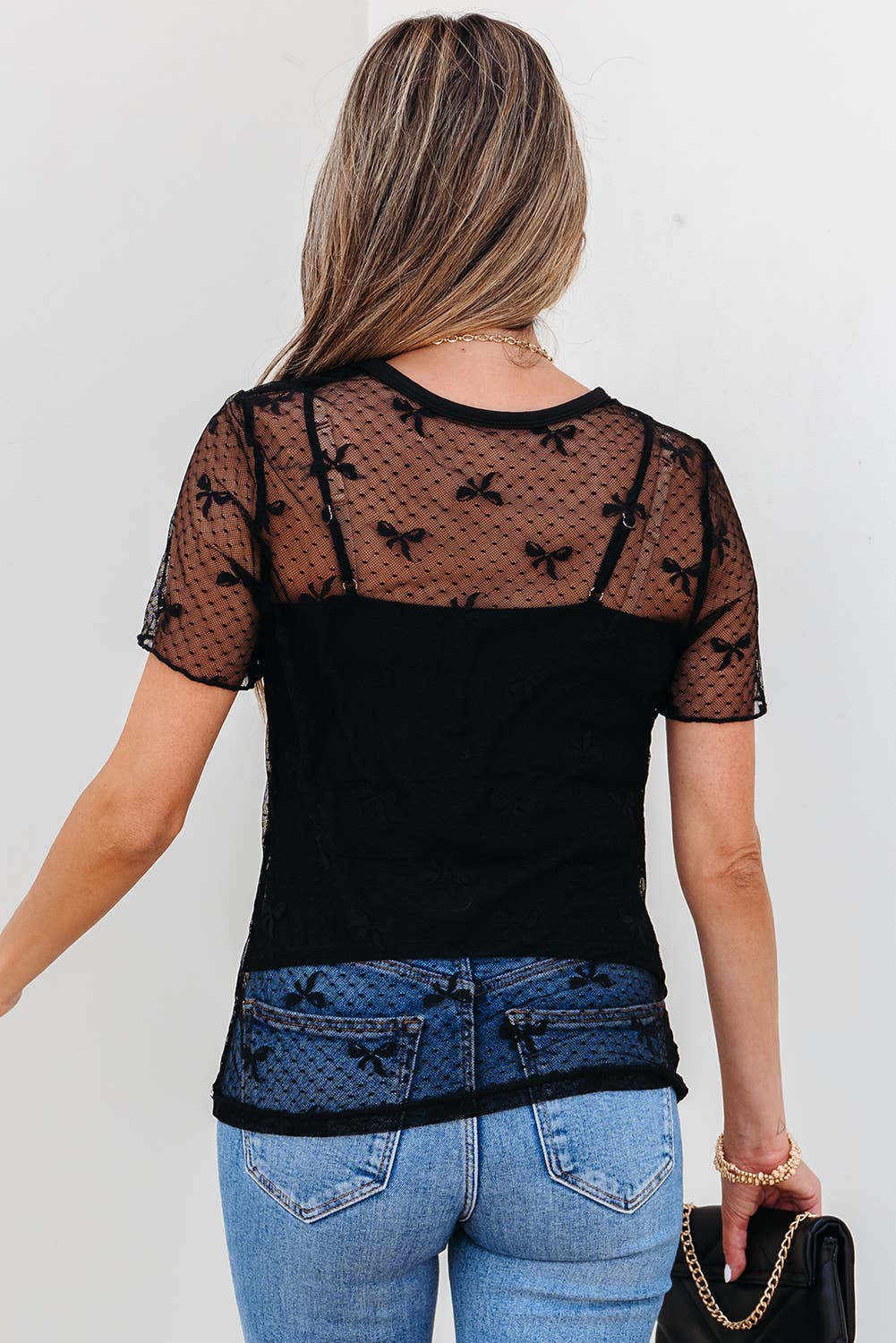 Bow Knot Dotted See-through Mesh Patched Slim Fit Blouse