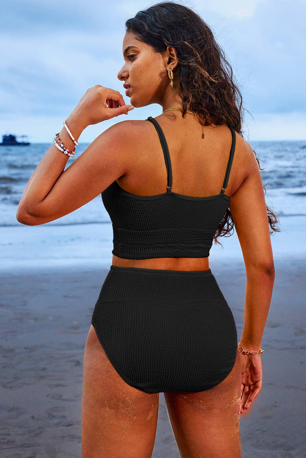 Textured Color Block / Solid High Waist Bikini Set | S-2XL