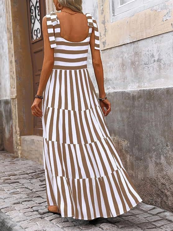 Striped and Floral Sleeveless Maxi Dress