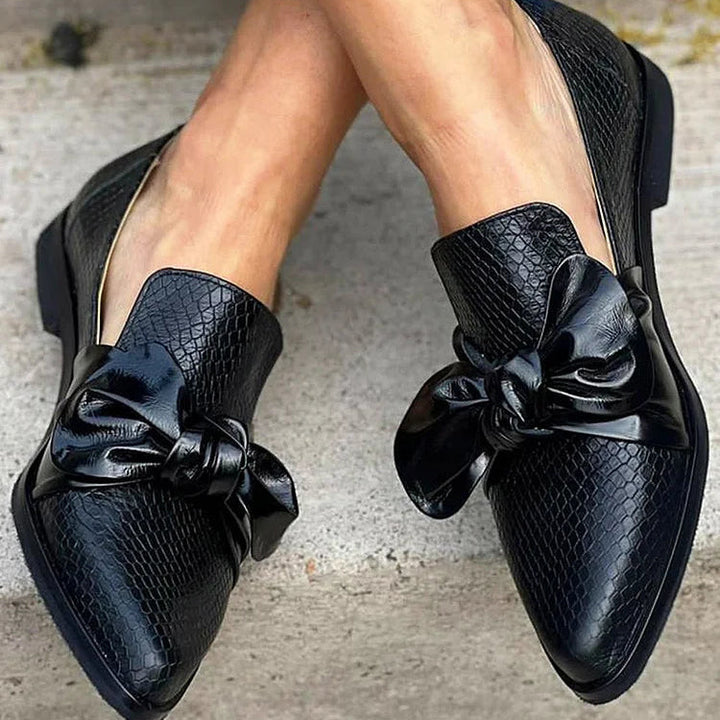 Glossy Bow-Embellished Black Loafers