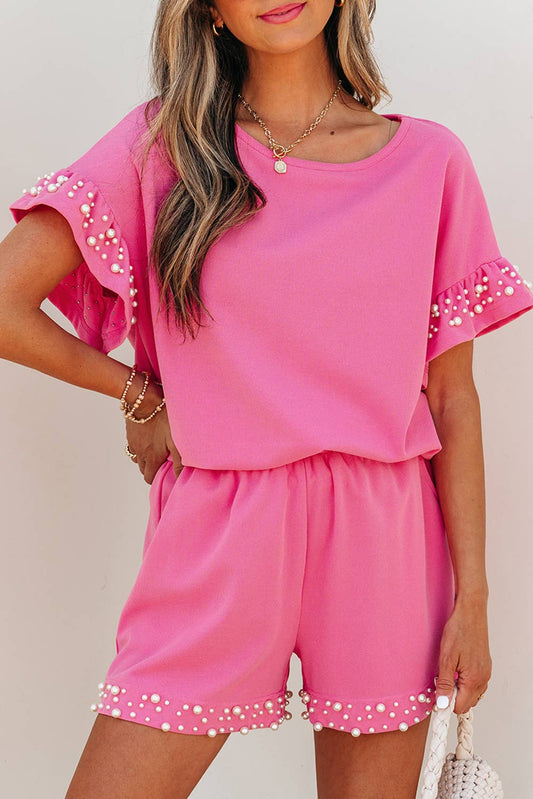 Textured Pearled Ruffle Sleeve Top 2 Piece Shorts Set
