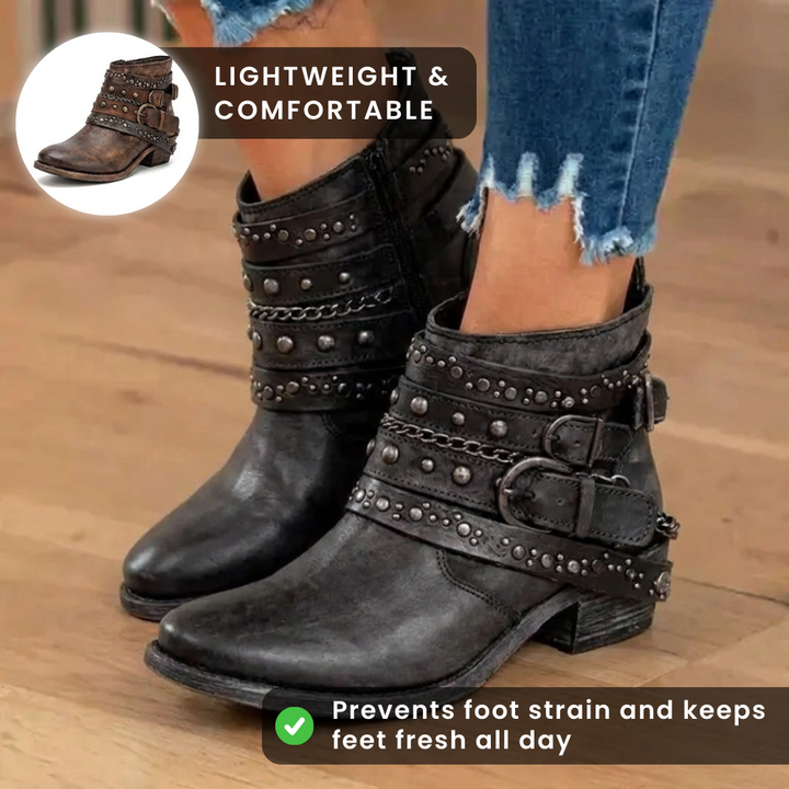 Studded Leather Ankle Boots with Chain and Rivet Accents - Orthopedic Design