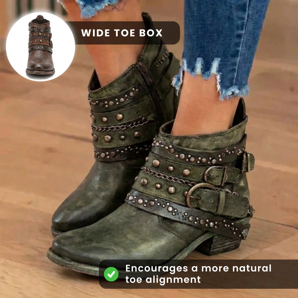 Studded Leather Ankle Boots with Chain and Rivet Accents - Orthopedic Design