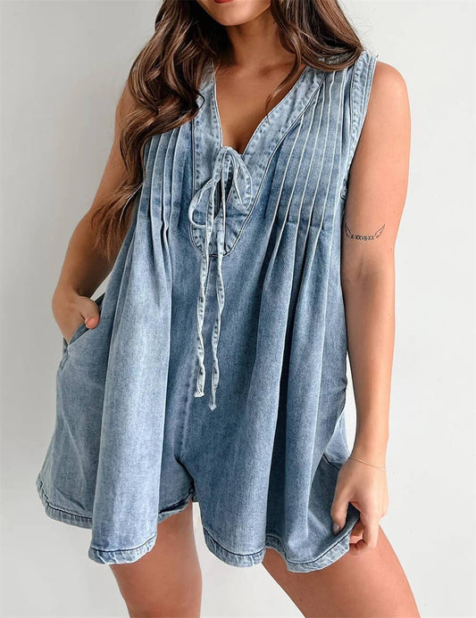 Ladies Tie Front V-Neck Sleeveless Denim Romper