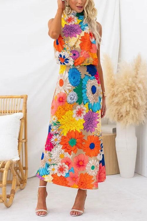 Floral Print Maxi Dress with Sleeveless Tie Neck and Waist Detail for Summer