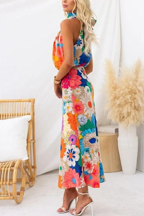 Floral Print Maxi Dress with Sleeveless Tie Neck and Waist Detail for Summer