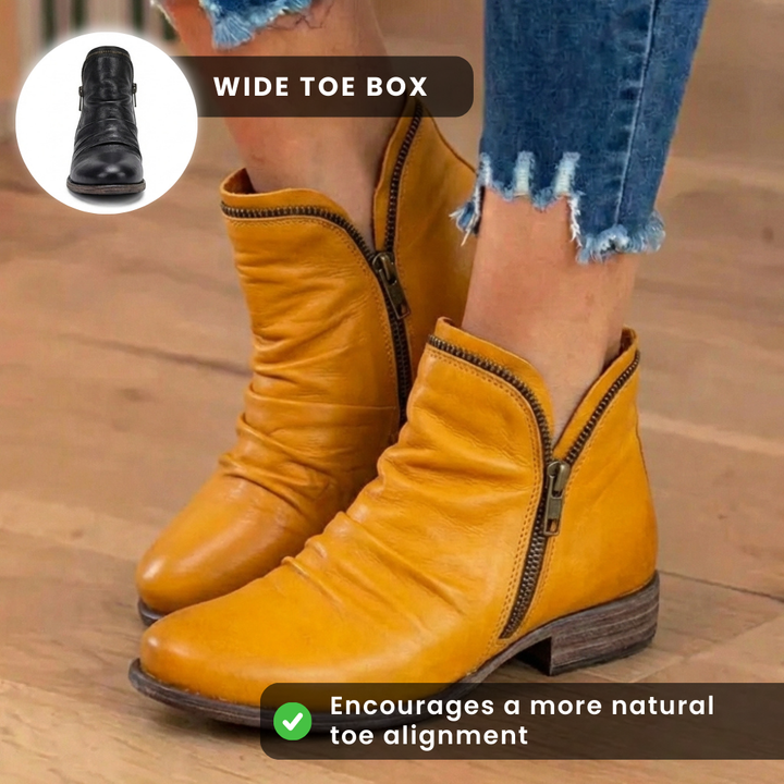 Low Heel Orthopedic Leather Ankle Boots with Side Zip and Ruched Design