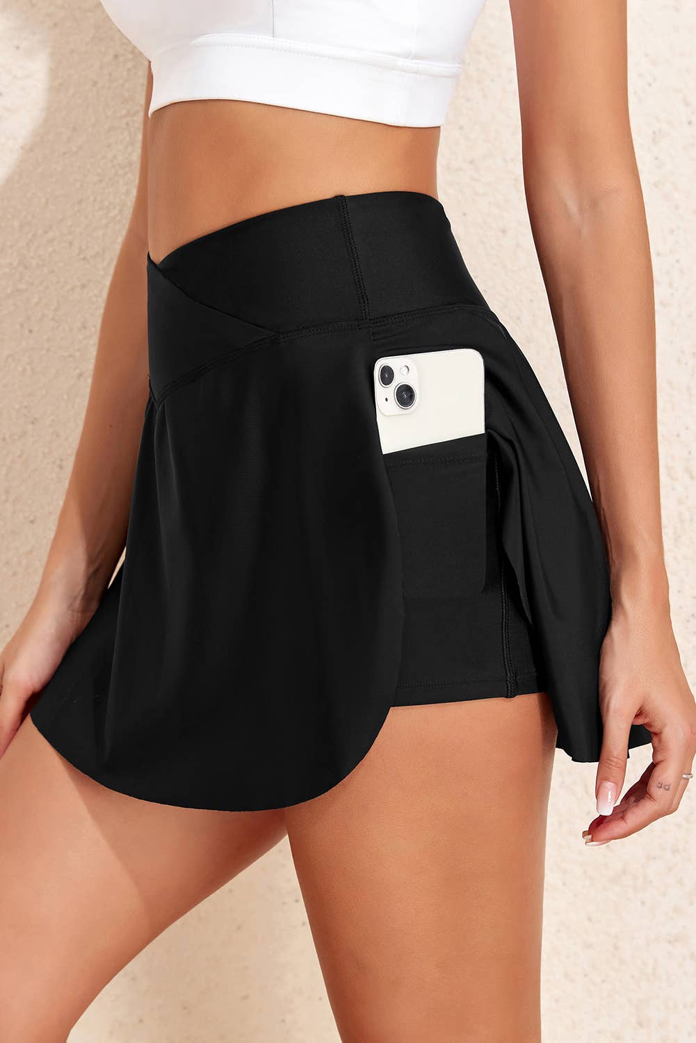 Solid Inner Pocket Crossover High Waist Swim Skort | S-XL