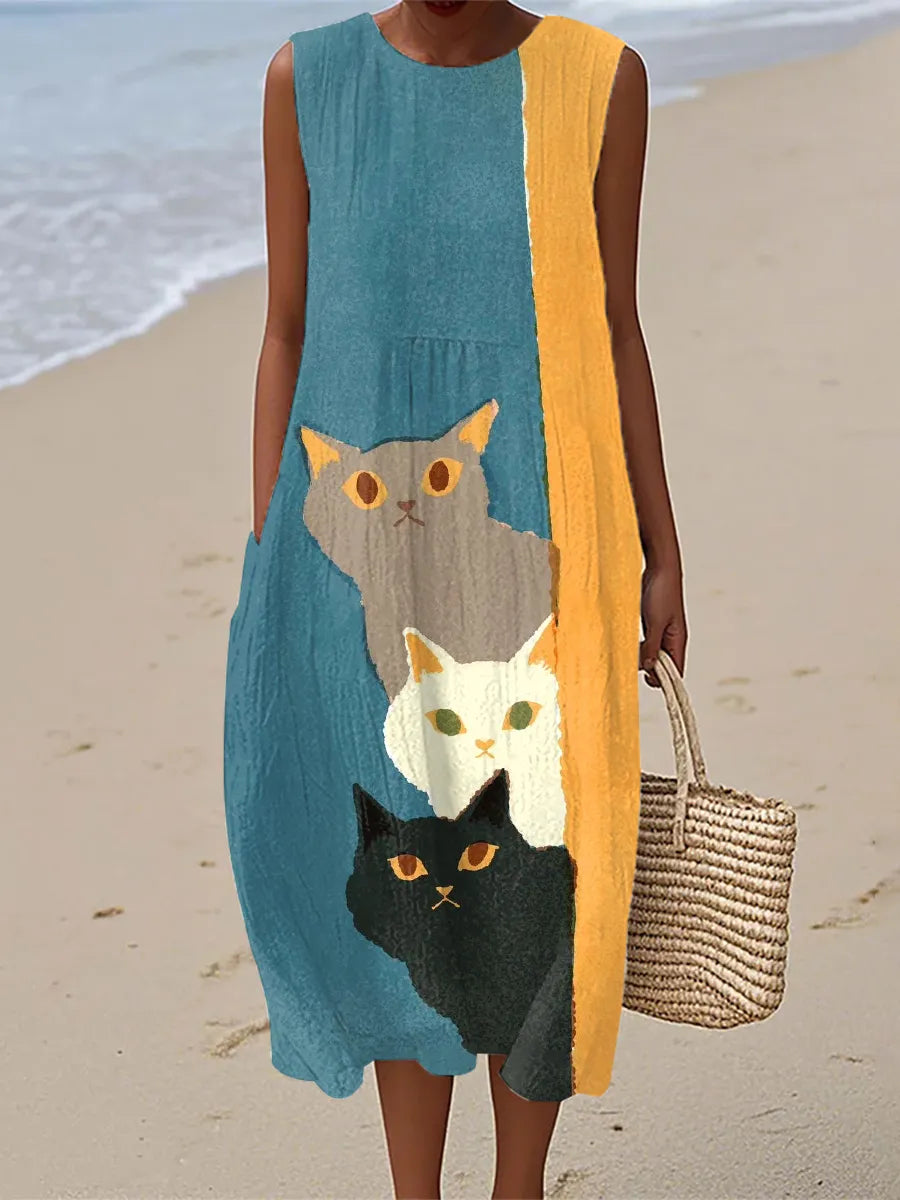 Retro Paisley Print Dress Featuring Whimsical Cat Artwork