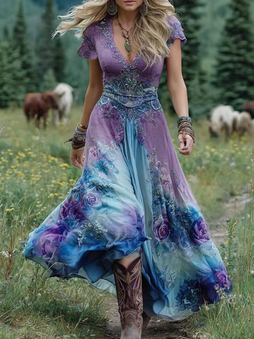 Elegant Floral-Printed Short Maxi Dress in Gradient Purple Lavender