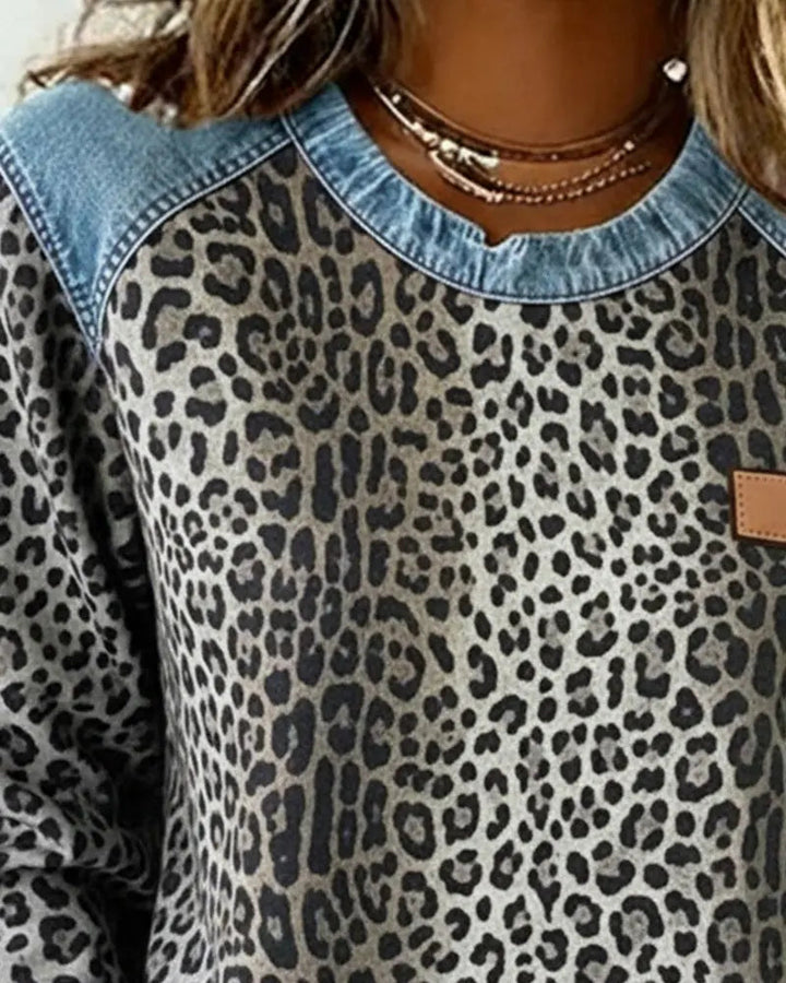 Patchwork Denim Sweater with Leopard Print