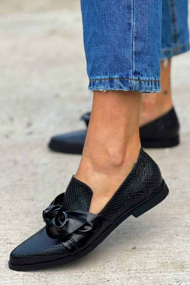 Glossy Bow-Embellished Black Loafers