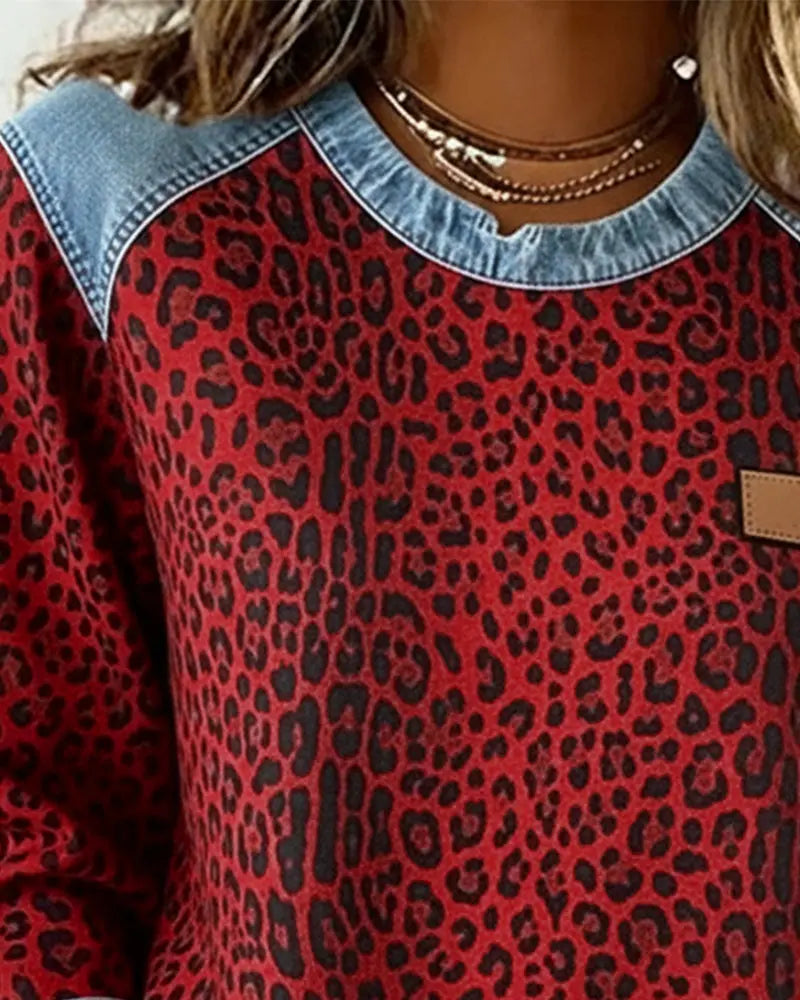 Patchwork Denim Sweater with Leopard Print