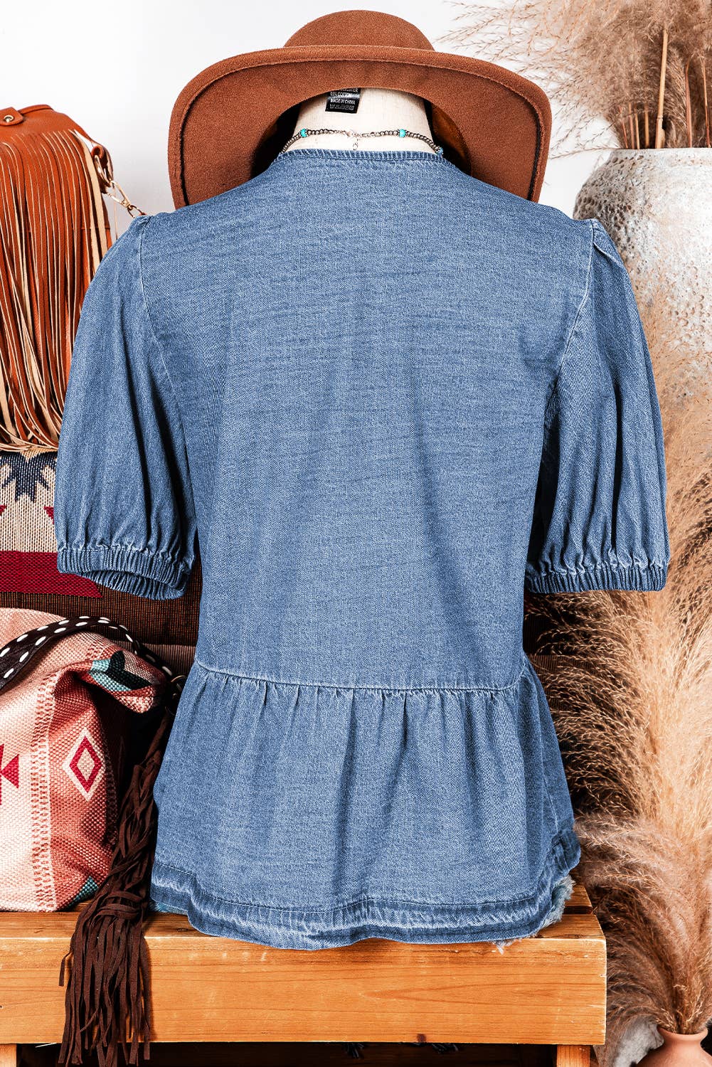 Fashion-W Tied Front Bubble Sleeve Peplum Denim Shirt