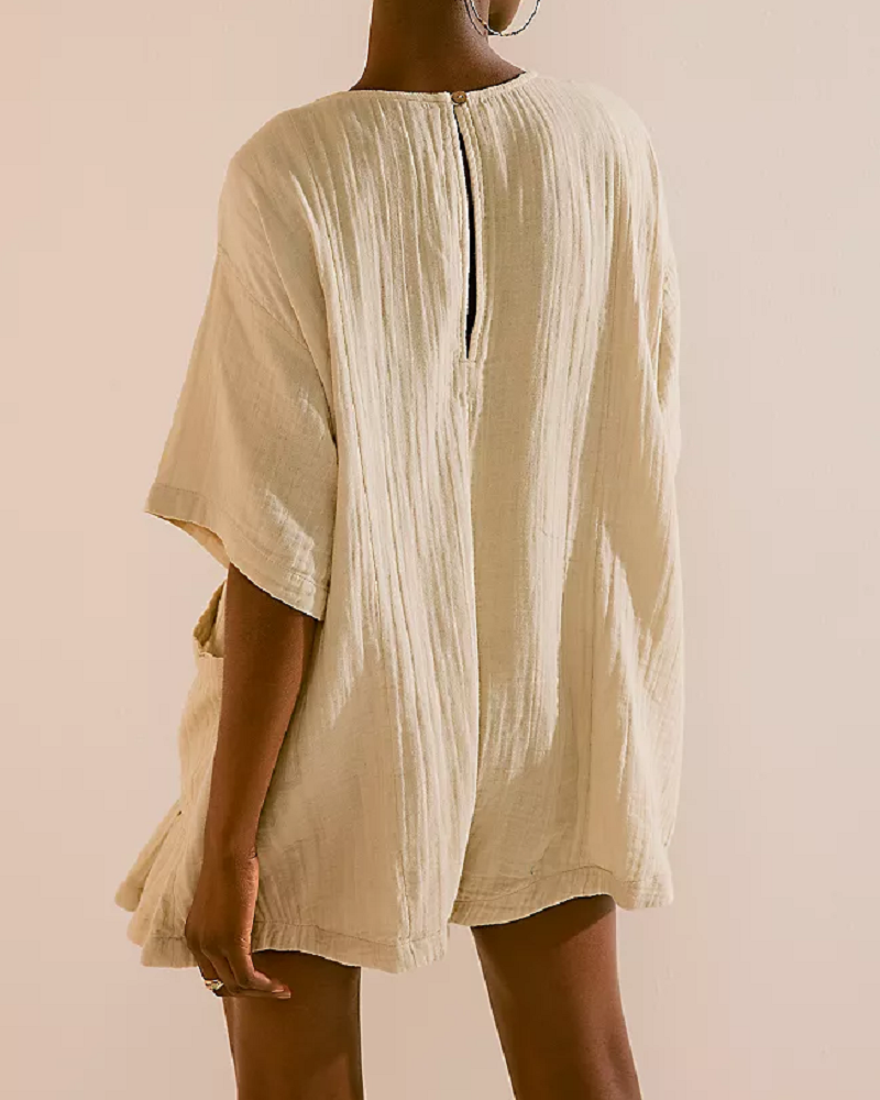 Flouncy Shapeless V-Neck Draped Sleeves Romper