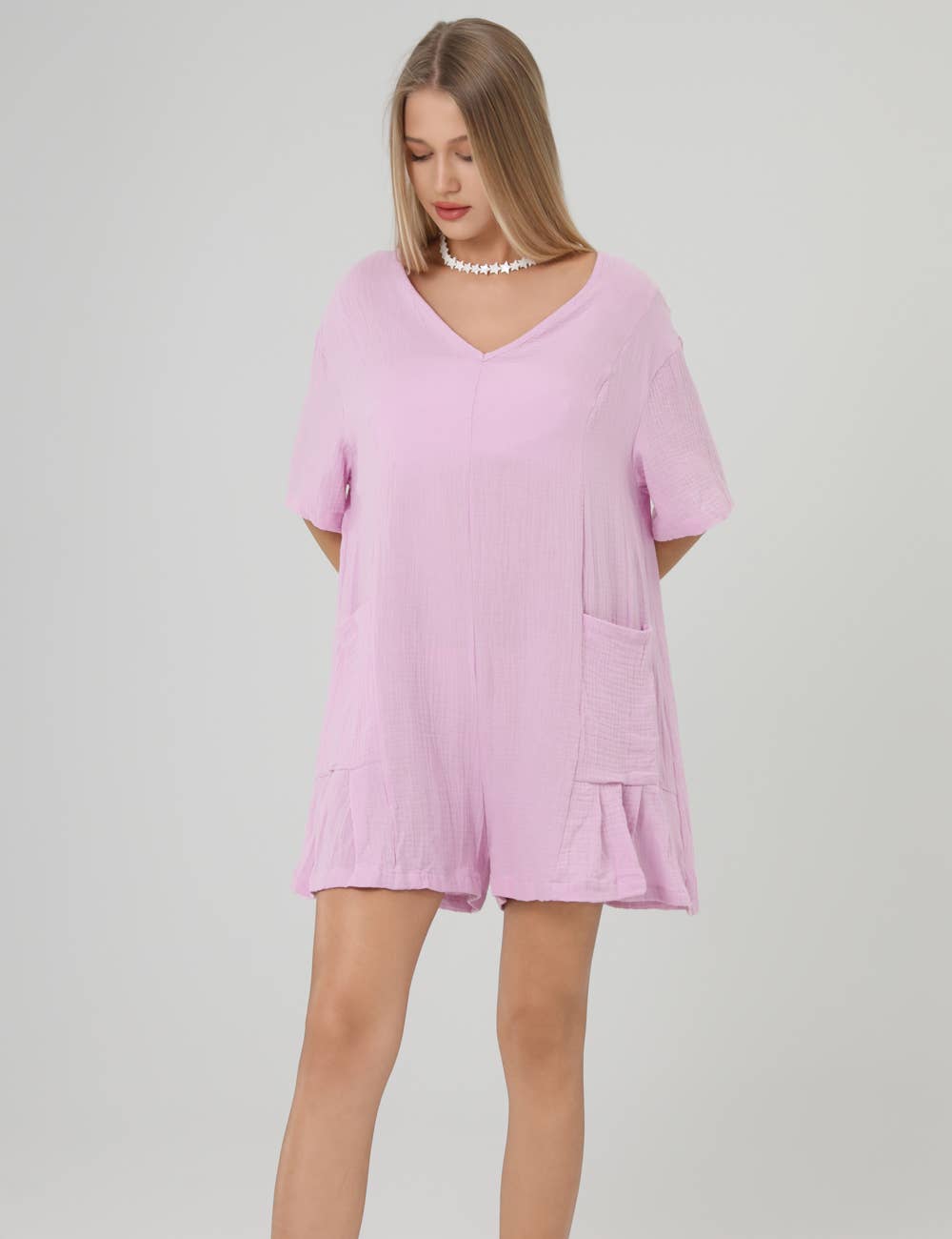 Flouncy Shapeless V-Neck Draped Sleeves Romper