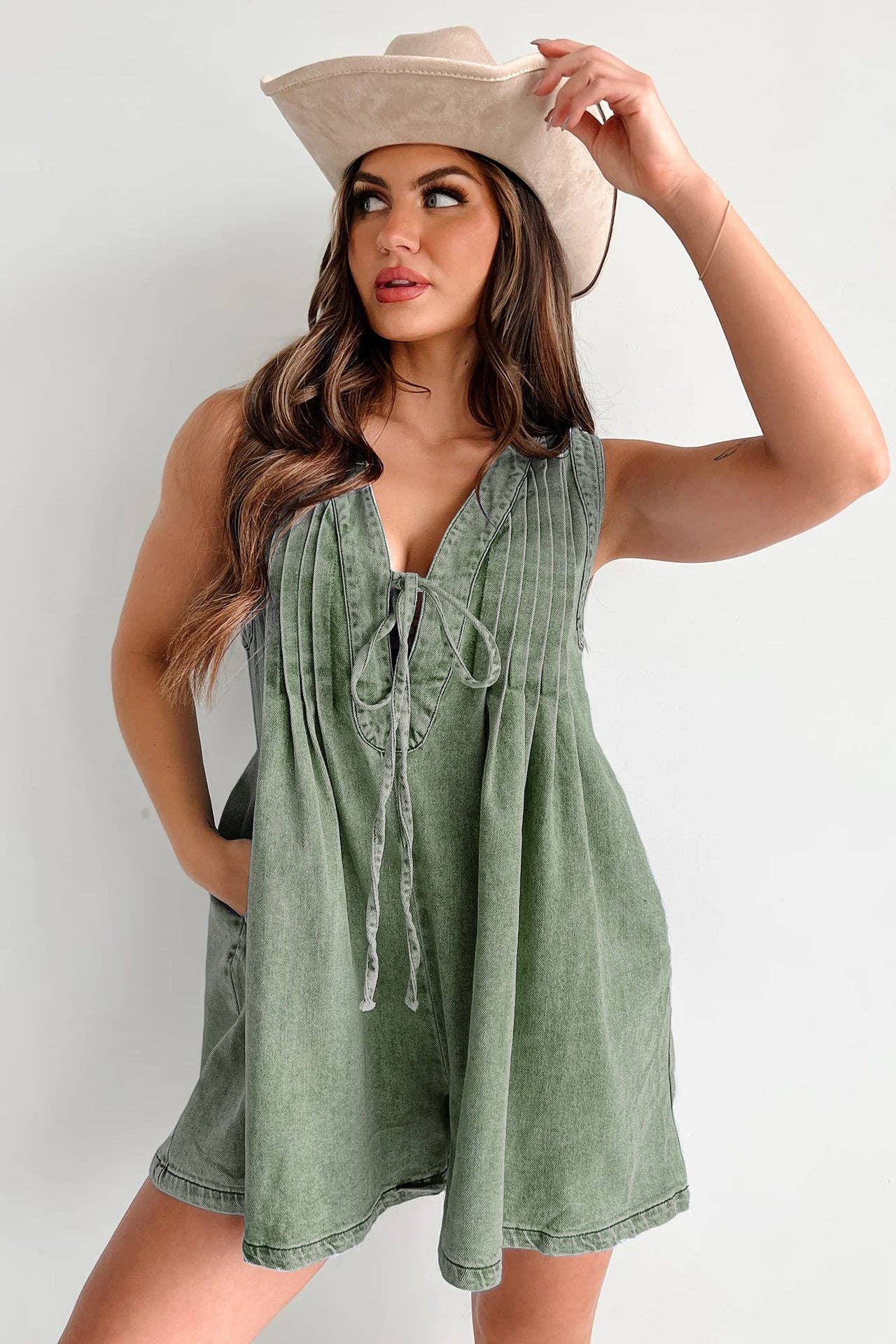 Ladies Tie Front V-Neck Sleeveless Denim Romper