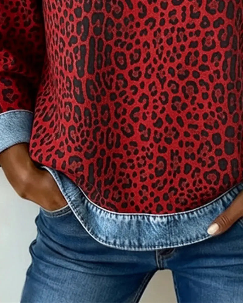 Patchwork Denim Sweater with Leopard Print