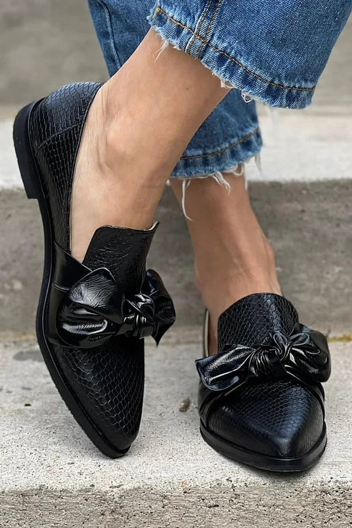 Glossy Bow-Embellished Black Loafers