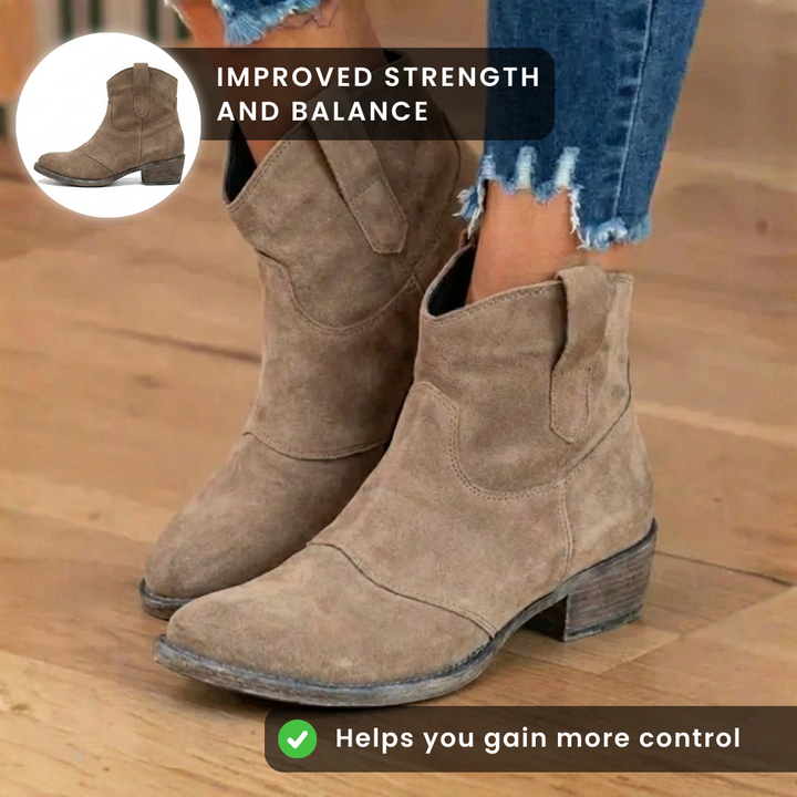 Suede Western Ankle Boots with Orthopedic Support - Low Block Heel, Easy Pull-On Design