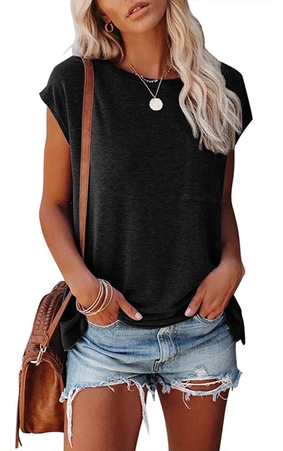 Short Cap Sleeve Shirts Solid Loose Fit Tops