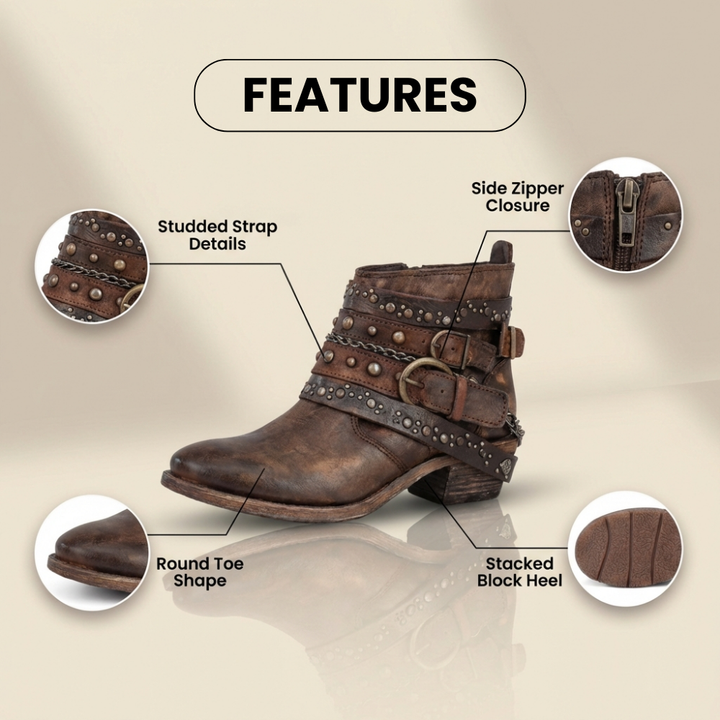 Studded Leather Ankle Boots with Chain and Rivet Accents - Orthopedic Design