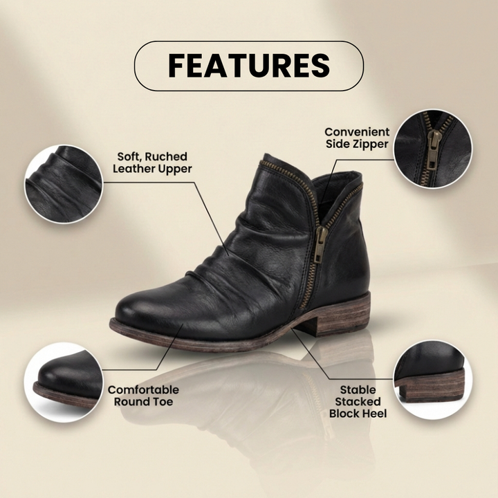 Low Heel Orthopedic Leather Ankle Boots with Side Zip and Ruched Design