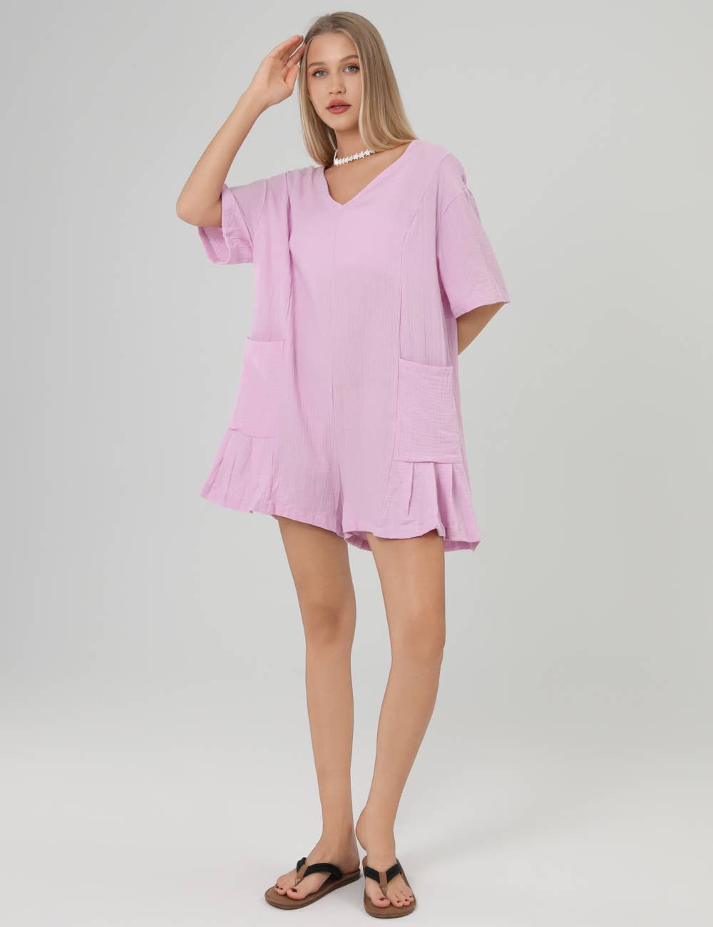 Flouncy Shapeless V-Neck Draped Sleeves Romper