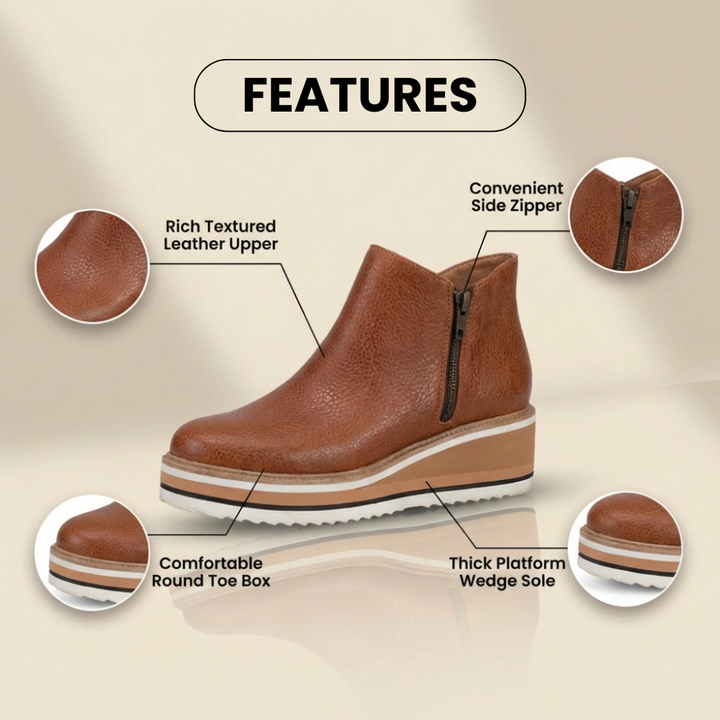 Orthopedic Leather Wedge Ankle Boots with Side Zip