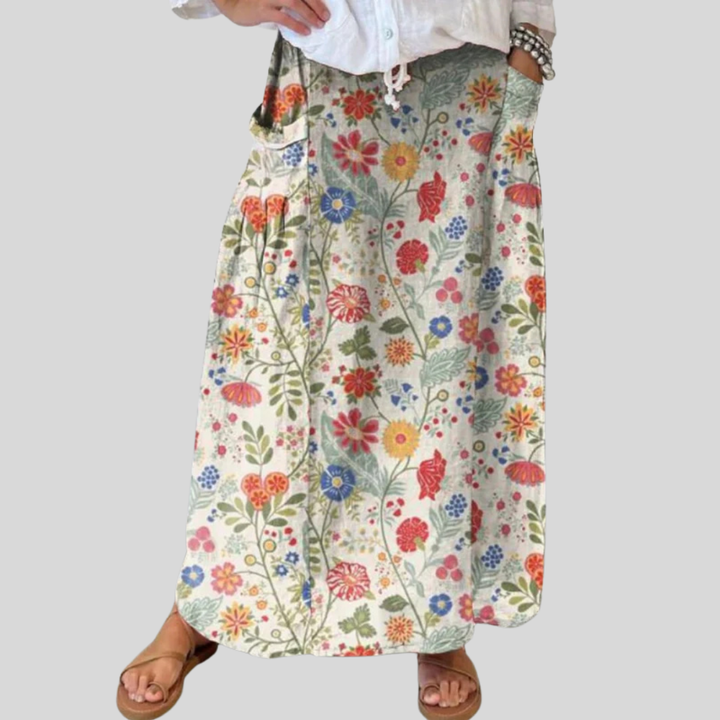 Floral Print Linen Skirt for Women with Elastic Waistband and Pockets