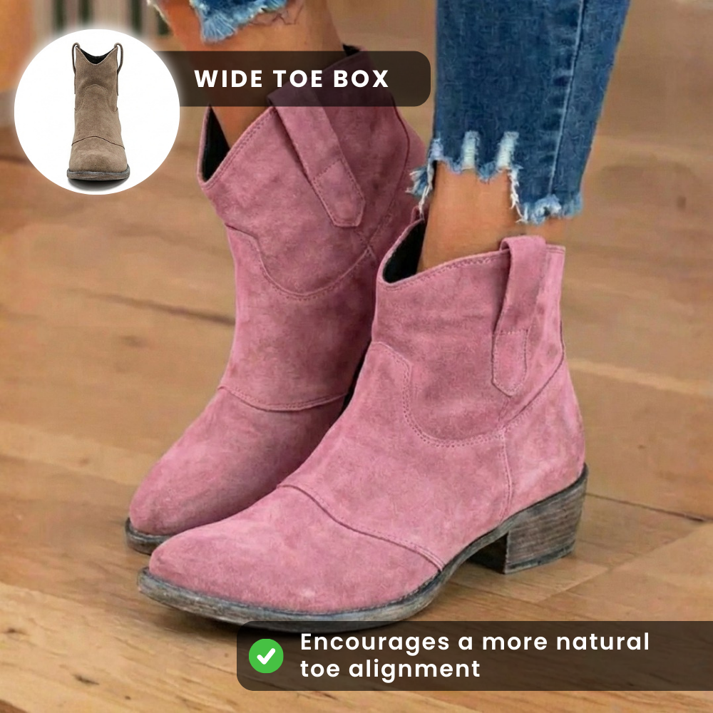 Suede Western Ankle Boots with Orthopedic Support - Low Block Heel, Easy Pull-On Design