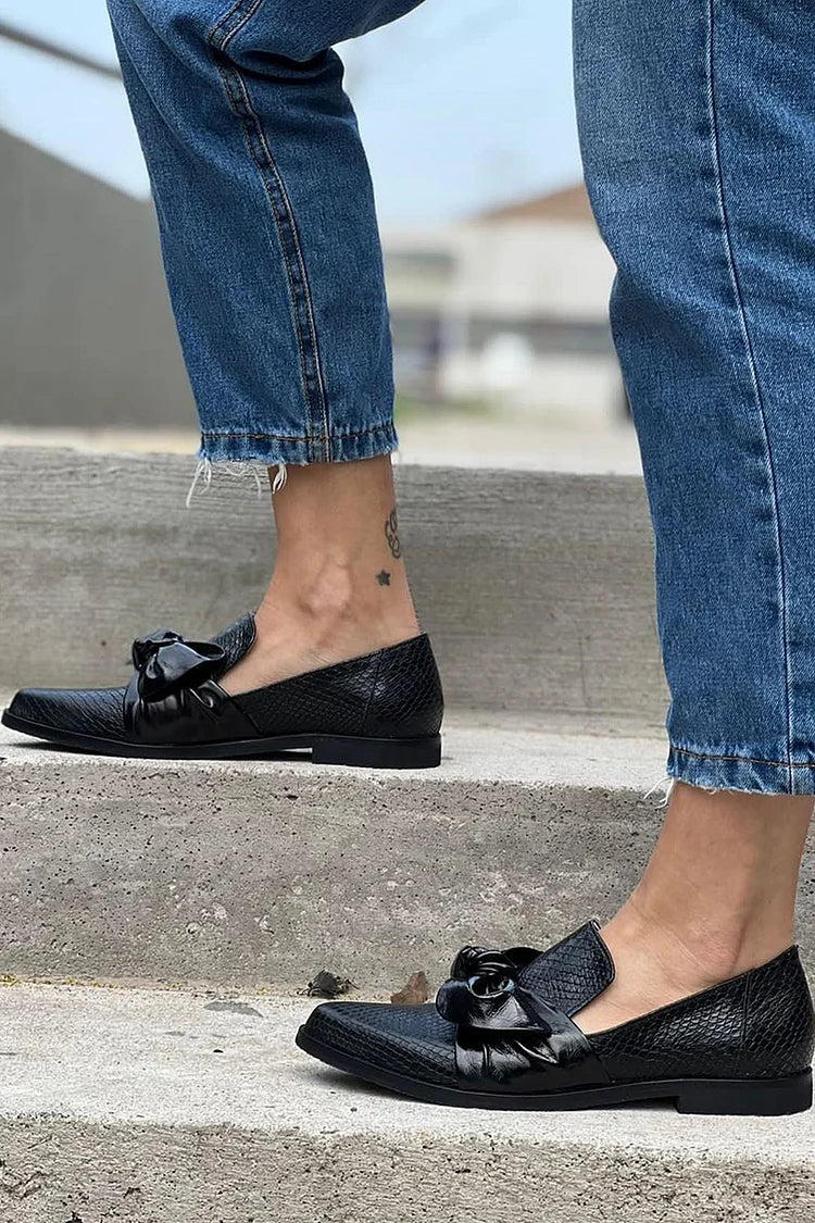 Glossy Bow-Embellished Black Loafers