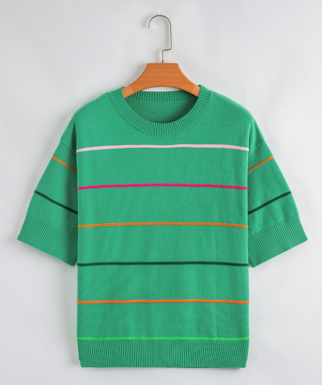 White Colorblock Striped Half Sleeve Drop Shoulder Sweater