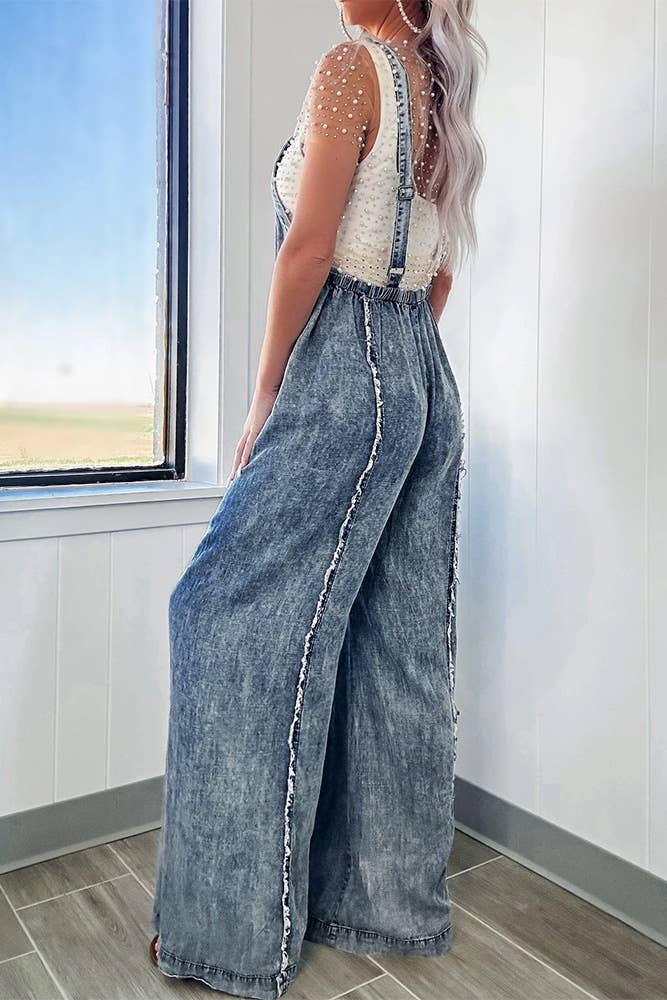 Washed Raw Hem One Piece Wide Leg Jumpsuit Overall