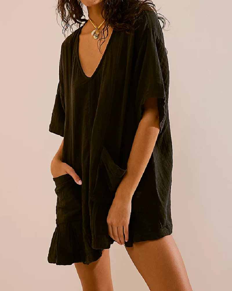 Flouncy Shapeless V-Neck Draped Sleeves Romper