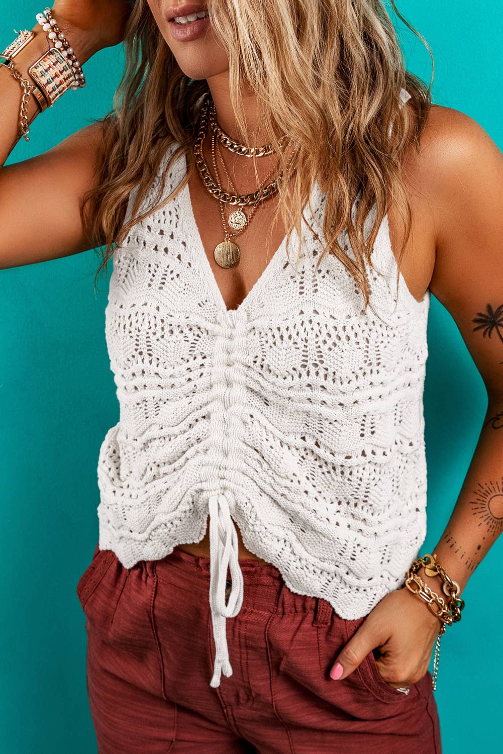 Trendy Hollowed Knit V Neck Drawstring Sweater Vest