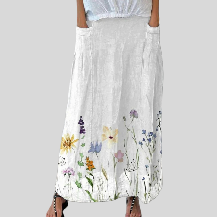 Women's Linen Skirt with Elastic Waistband and Pockets - Watercolor Spring Meadows Print
