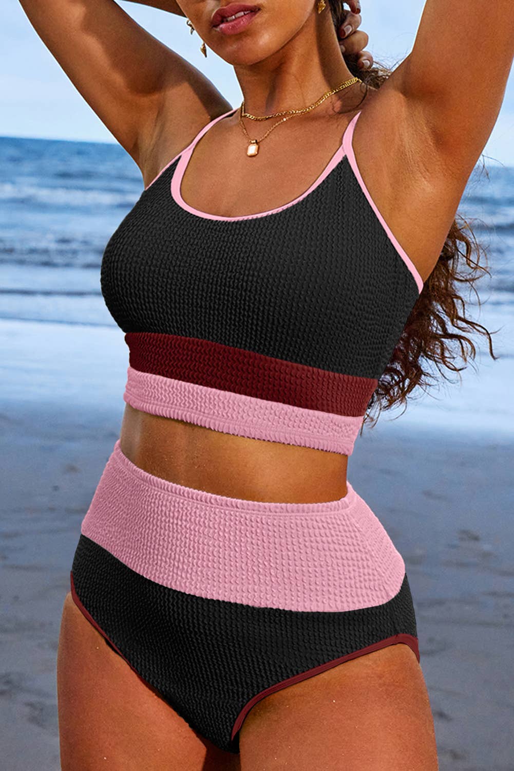 Textured Color Block / Solid High Waist Bikini Set | S-2XL