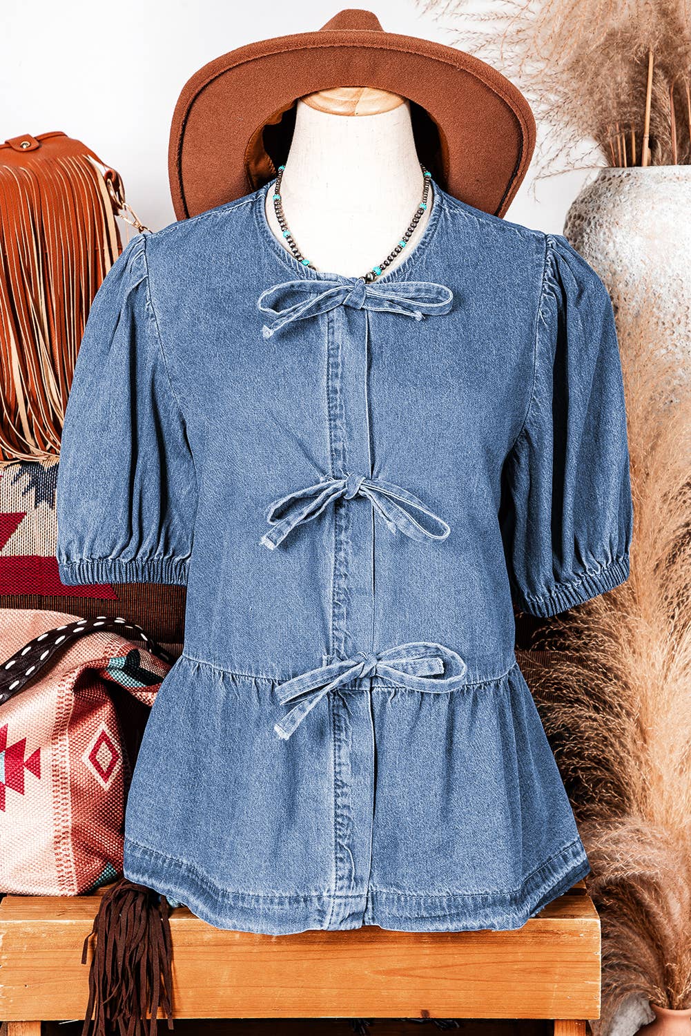 Fashion-W Tied Front Bubble Sleeve Peplum Denim Shirt