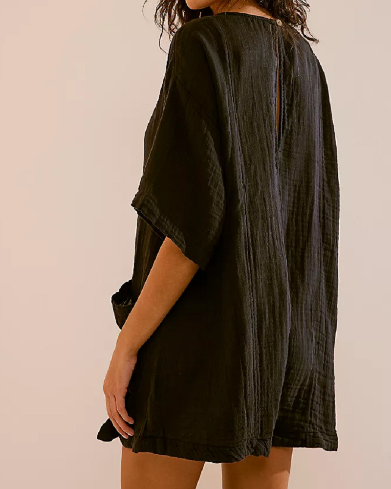 Flouncy Shapeless V-Neck Draped Sleeves Romper