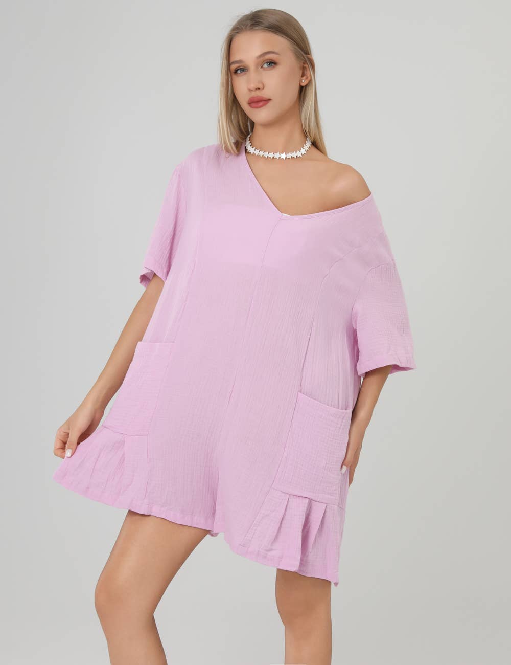 Flouncy Shapeless V-Neck Draped Sleeves Romper