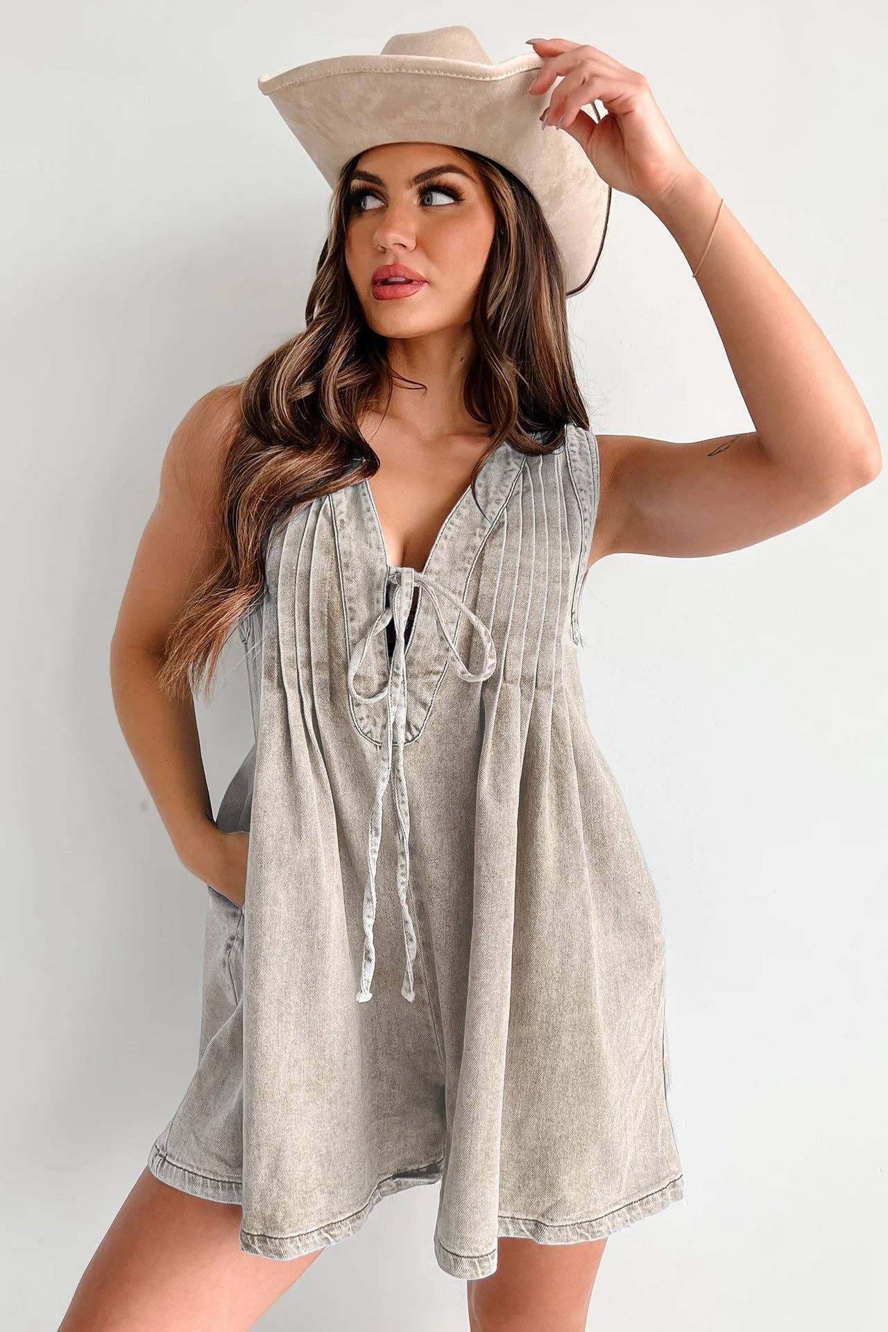Ladies Tie Front V-Neck Sleeveless Denim Romper