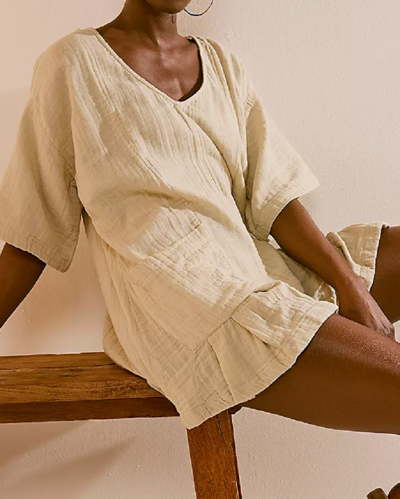 Flouncy Shapeless V-Neck Draped Sleeves Romper