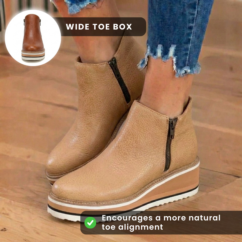 Orthopedic Leather Wedge Ankle Boots with Side Zip