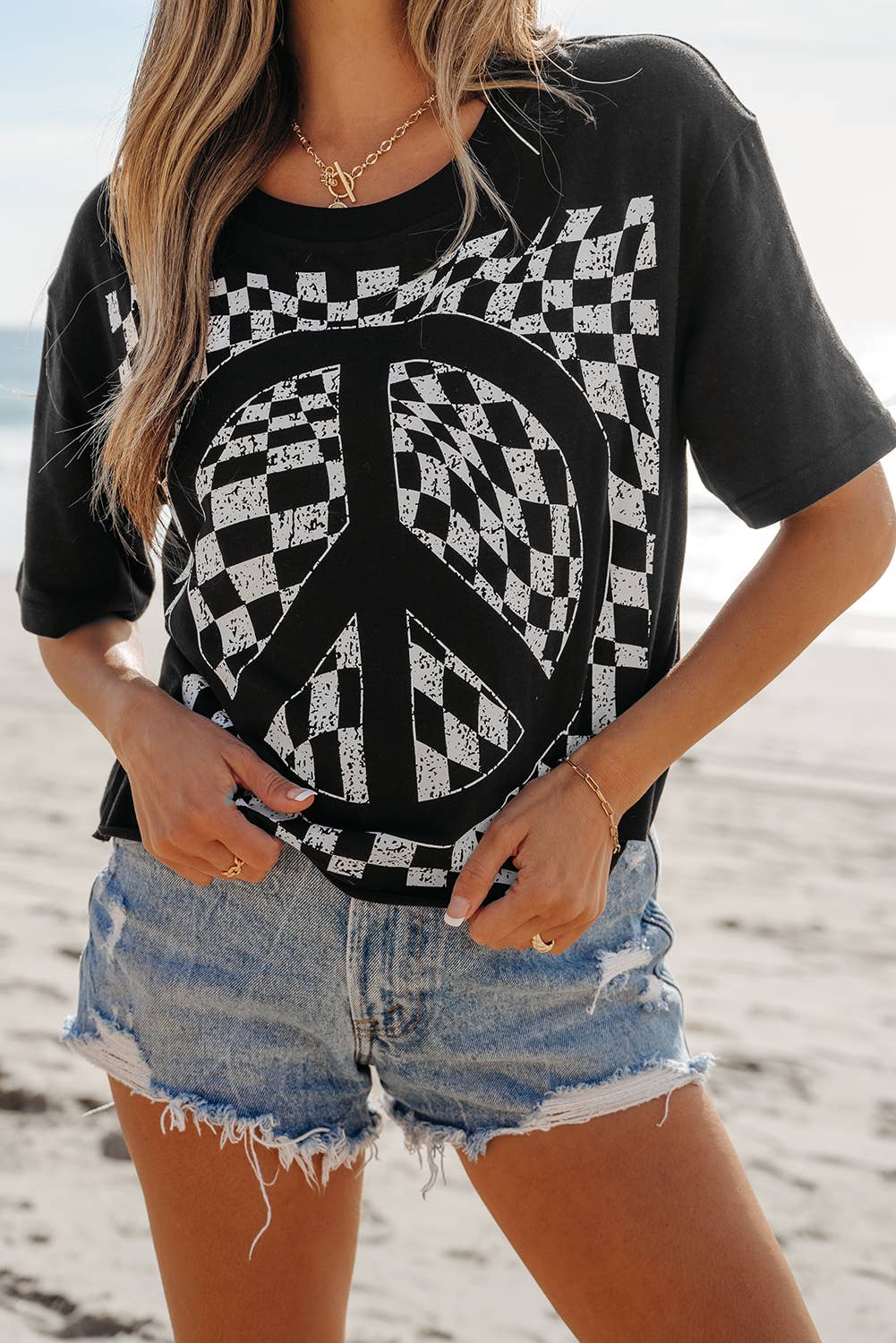 Checkerboard Peace Sign Printed Round Neck T Shirt